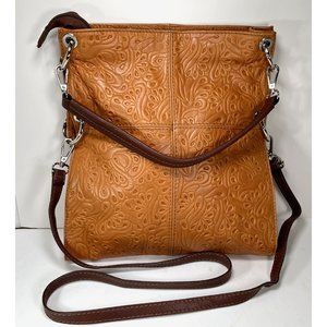 Lavorazione Artigianale Slim Orange Tooled Leather Crossbody Shoulder Bag